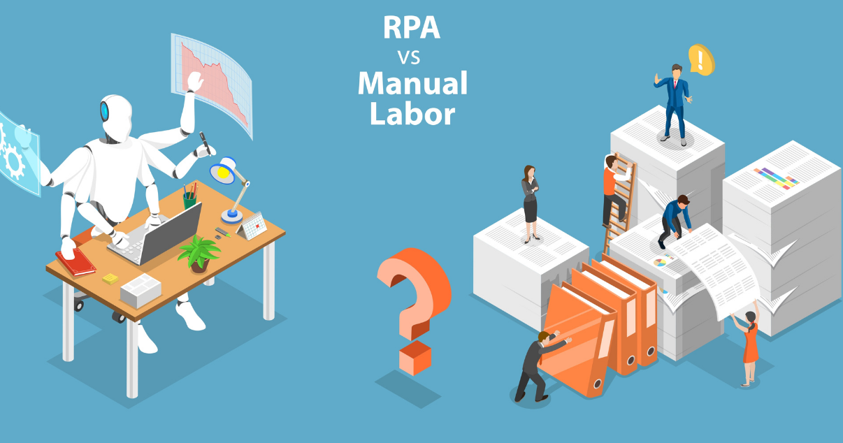 Concepto ilustrativo de comparación de un sistema RPA vs Proceso Manual