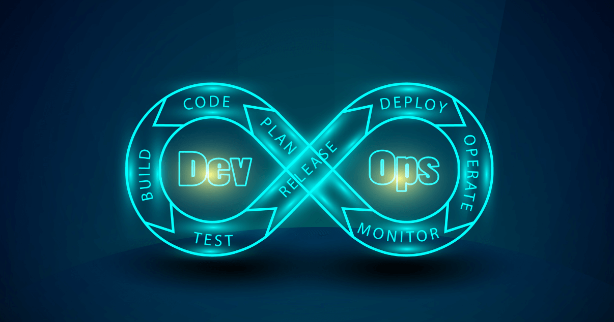 Concepto de DevOPs sobre un símbolo infinito con las etapas de desarrollo.